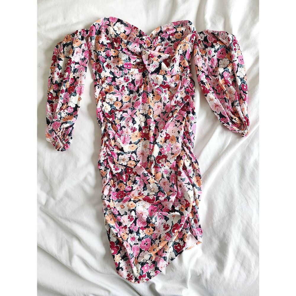 Area Stars Mini Dress Womens Medium Pink Floral Ruched Puff Sleeve Sweetheart